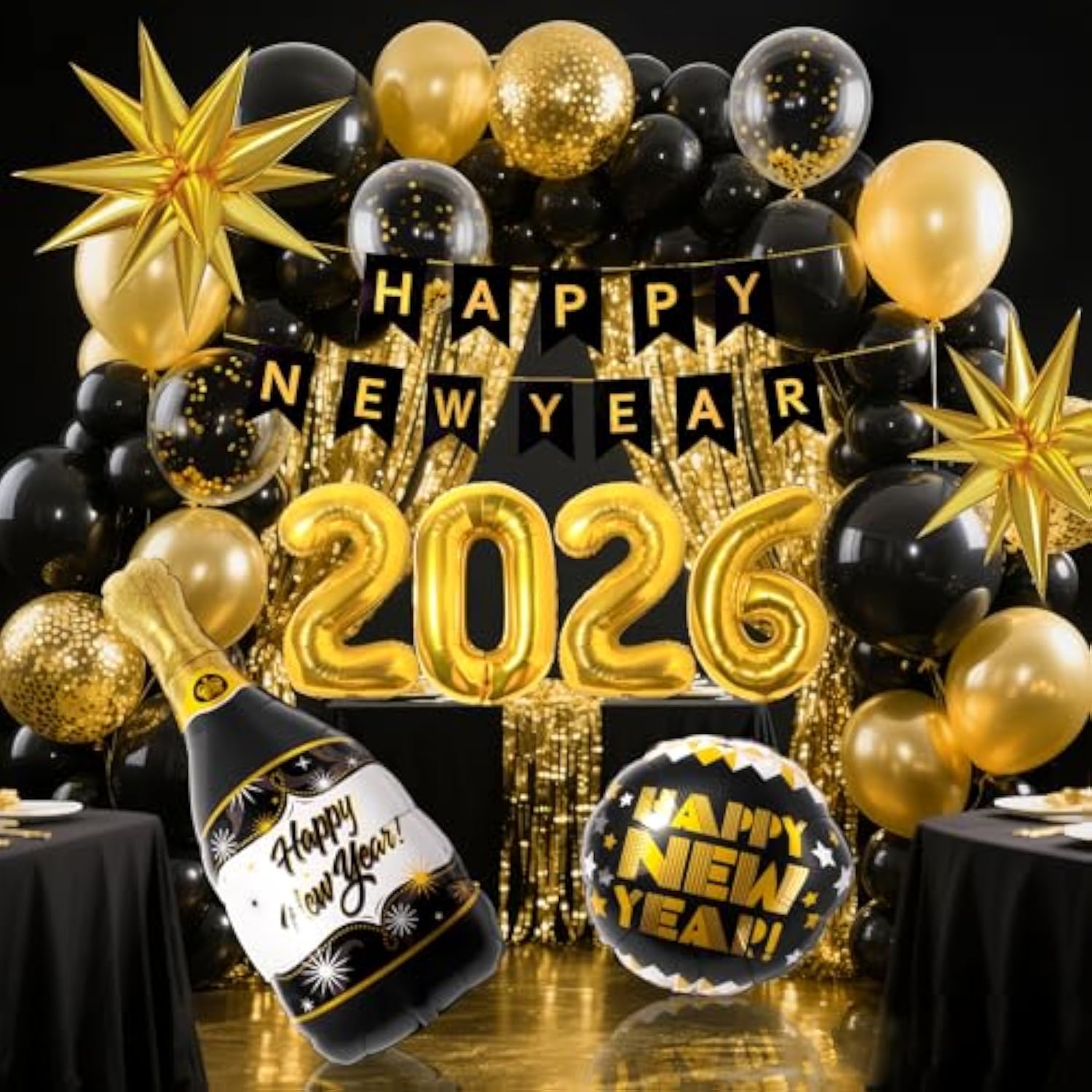 158-Piece New Years Eve Party Set with 2026 Black Gold Balloon Decor