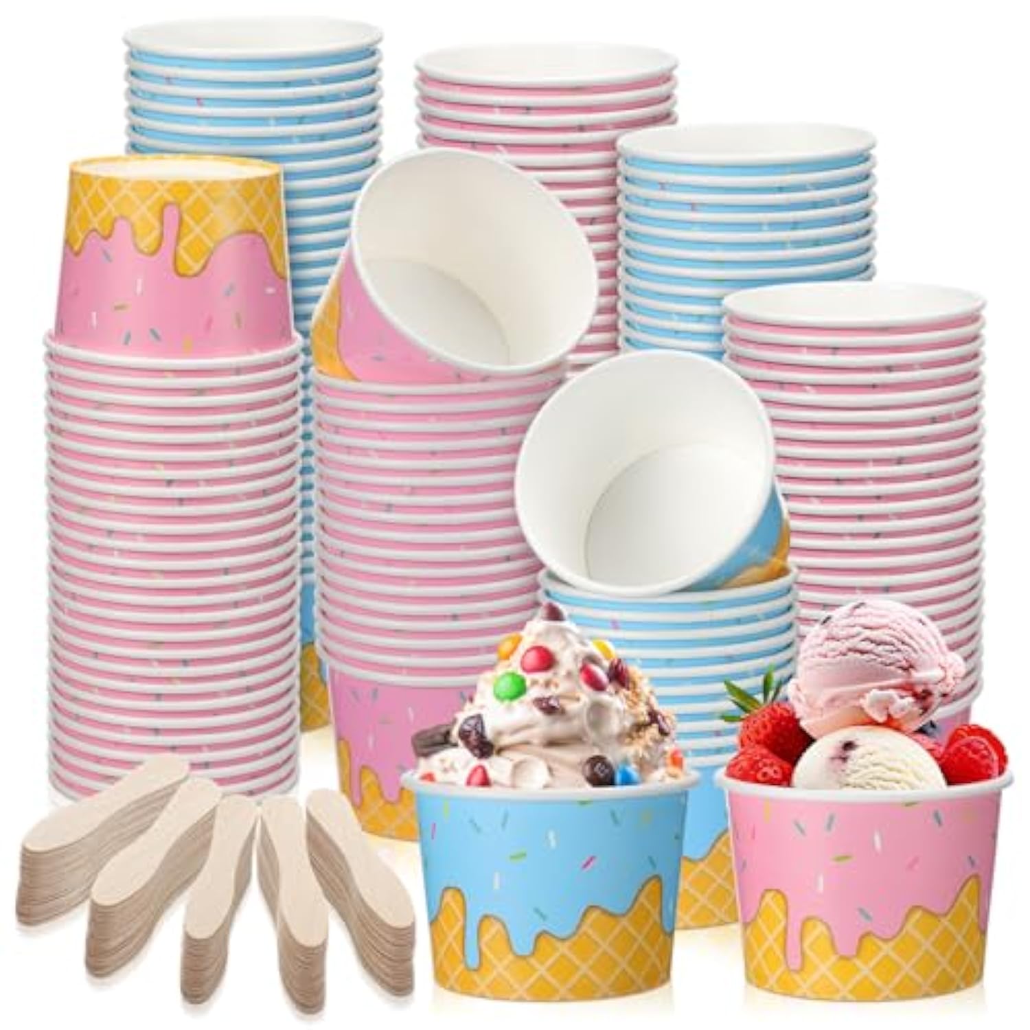 100 Pack Ice Cream Bowls Disposable 11 Oz Paper Dessert Cups With Wooden Spoons Sundae Soup Containers For Summer Ice Cream Party Supplies Favors