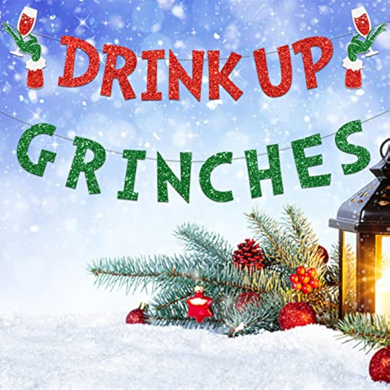 Drink Up Grinches Banner, Glittery Christmas Decorations Banners Winter Holiday Garland Photo Props Banner For Party Home Decorations