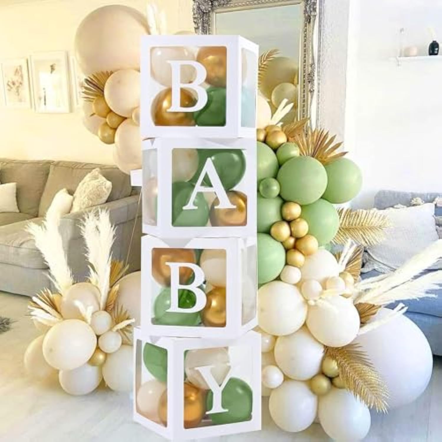 Sage Green Baby Shower Decorations Boy Girl - 4Pcs Baby Boxes With Lettes And 112Pcs Green White Gold Balloons Arch Kit For Baby Shower Decorations, Dinosaur Jungle Safari Baptism Party Supplies