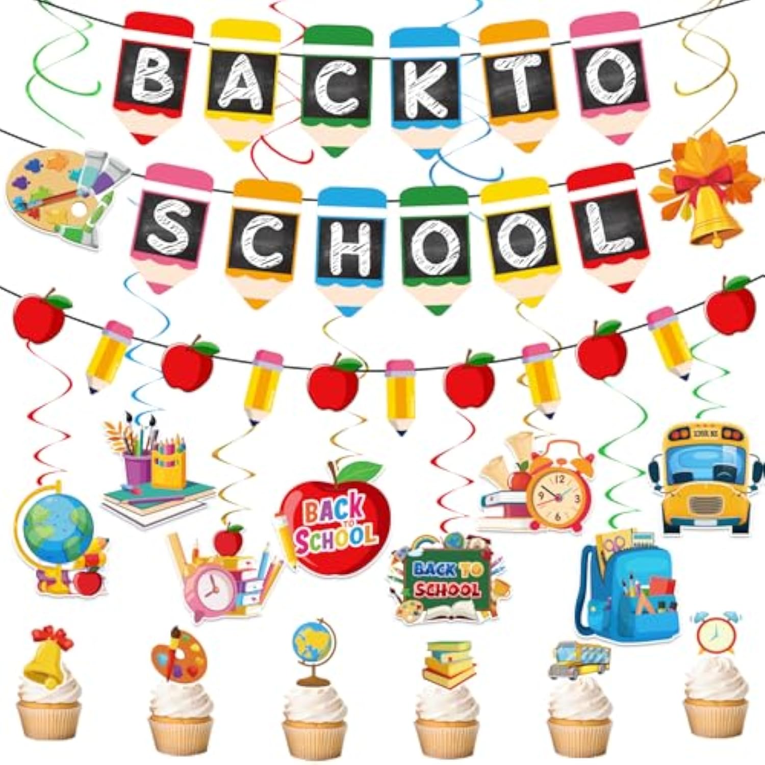 21Pcs Back to School Decor with Banners, Hanging Swirls and Cake Topper