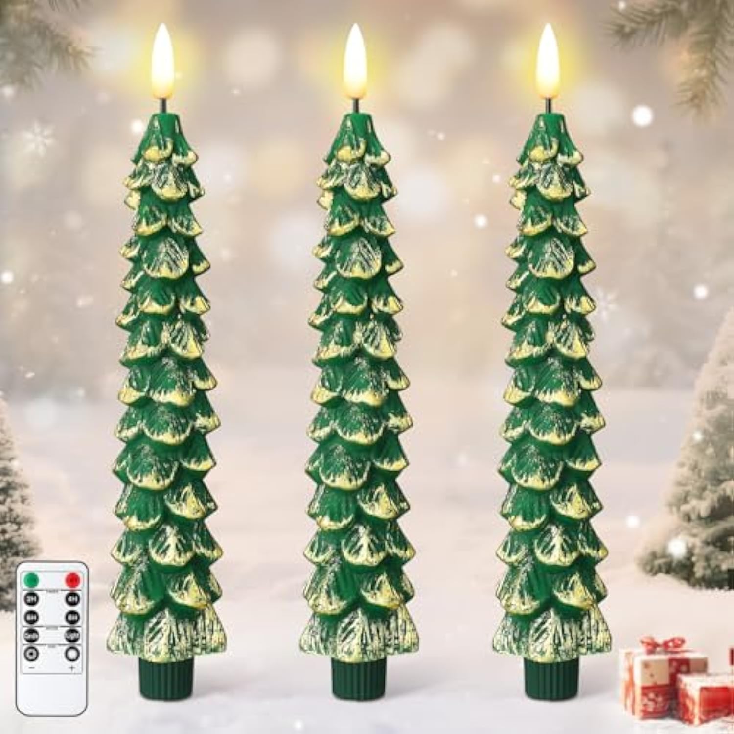 3 Pcs Christmas Tree Flameless Taper Candles Battery Operated With Remote And Timer, Real Wax Led Candles, Warm 3D Wick Flickering Lifelike Leaves, Xmas Dinner Holiday Decoration (Green,Gold)