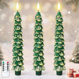 3 Pcs Christmas Tree Flameless Taper Candles Battery Operated With Remote And Timer, Real Wax Led Candles, Warm 3D Wick Flickering Lifelike Leaves, Xmas Dinner Holiday Decoration (Green,Gold)