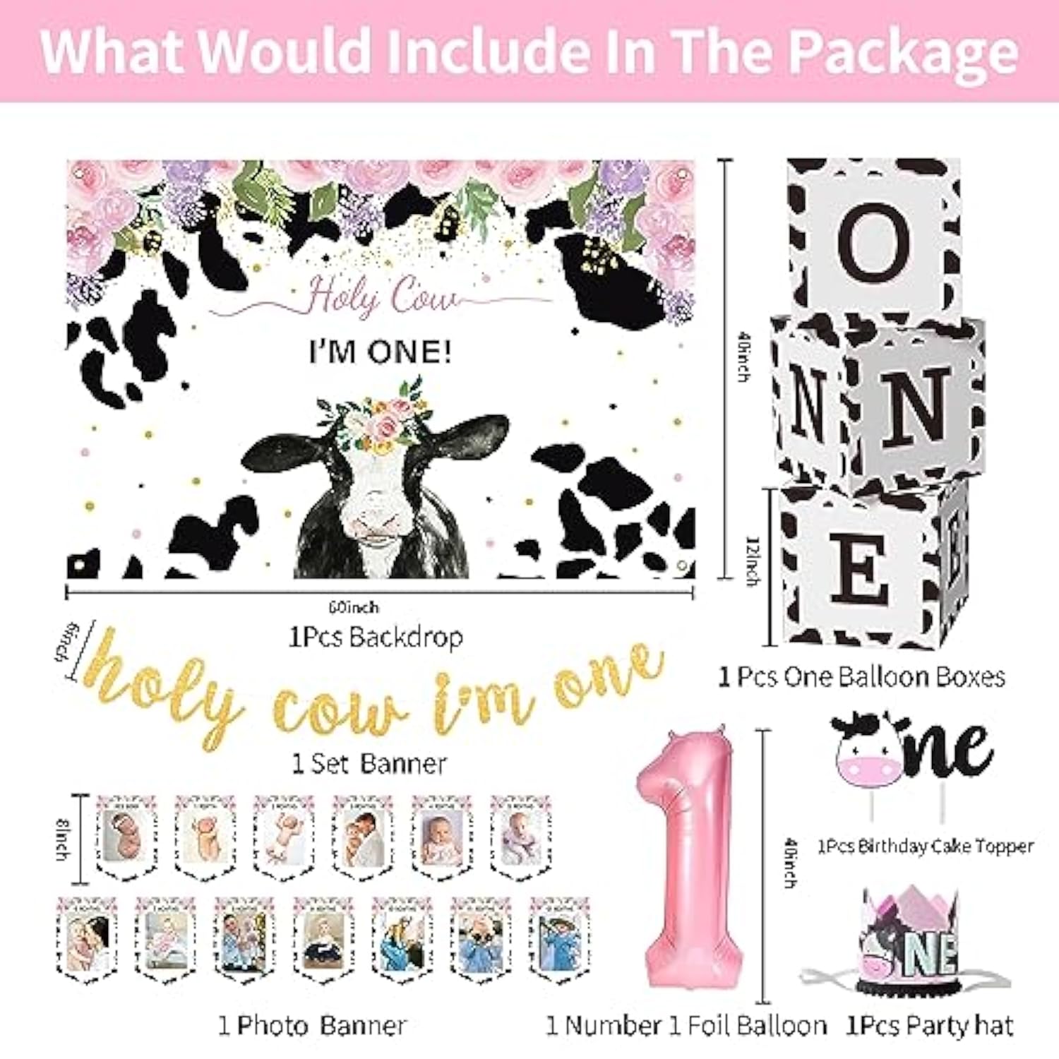 Holy Cow I'M One Birthday Decorations Girl - Farm Cow Theme First Birthday Party Supplies, Balloon Boxes, Backdrop, Banner, Balloon Arch, Highchair Banner