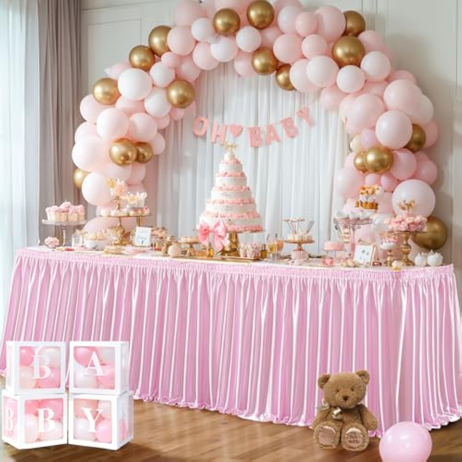 14Ft Length Pink Satin Table Skirt For Rectangle Tables Wrinkle Free Glitter Desk Skirting Pleated Ruffle Table Cloth For Princess Girls Birthday Baby Shower Party Cake Table Decorations