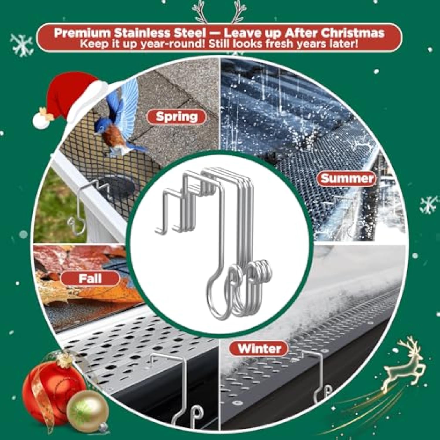 Christmas Light Hooks For Gutter Guards With Perforated Or Mesh, Stainless Steel Hanger Clips For Hanging Outside Christmas Lights Strings, Outdoor Windproof Anti-Slip Metal Hooks (60)