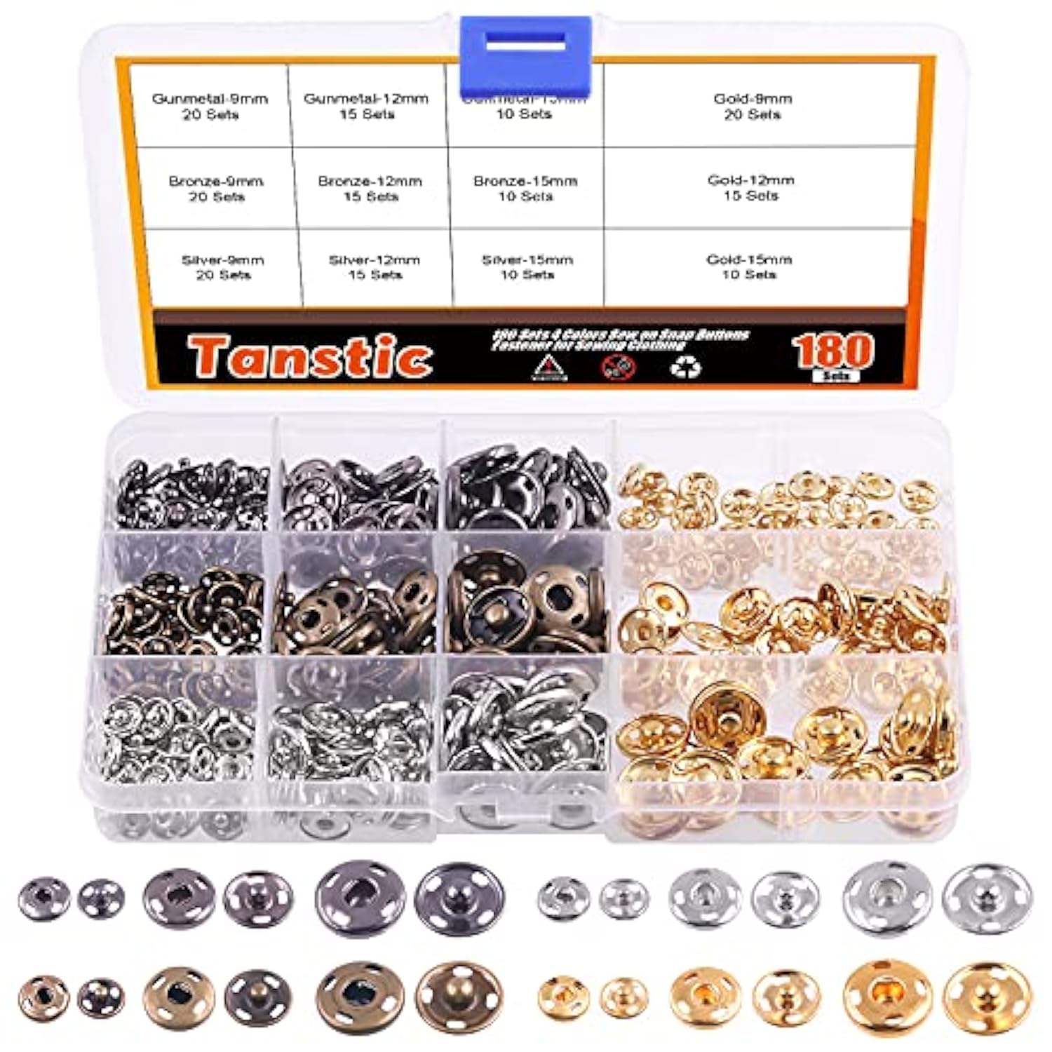 180 Sets 9Mm 12Mm 15Mm Sew-On Snap Buttons 4 Color Snap Buttons Metal