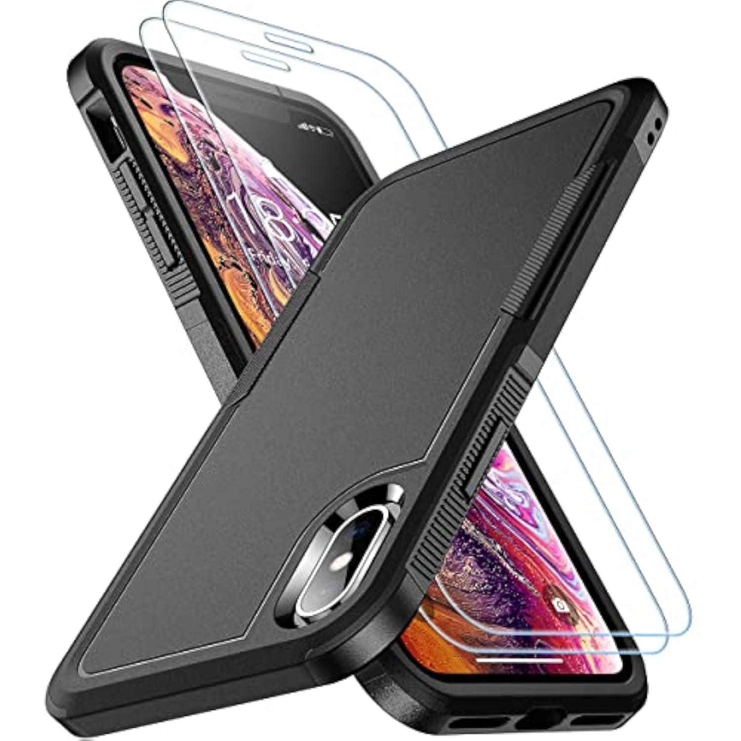 For Iphone Xs Max Case, [10 Ft Grade Drop Protection] [Non-Slip] [2 Pcs Tempered Glass Screen Protector] Shockproof Airbag Cushion Protective Case For Iphone Xs Max 6.5” (Black)