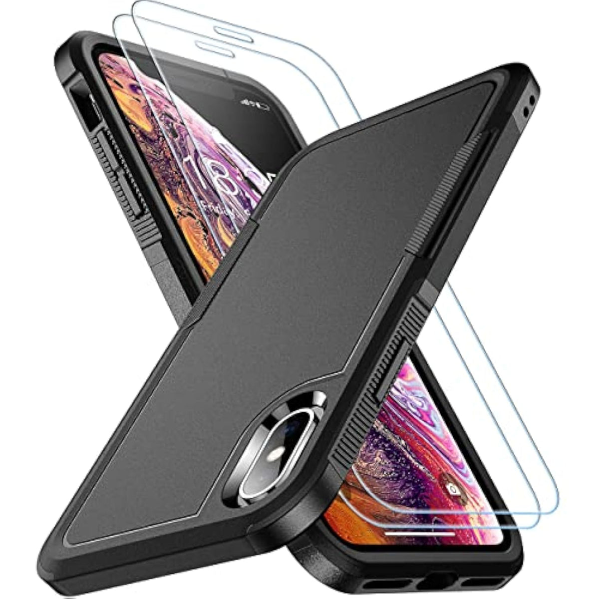 For Iphone Xs Max Case, [10 Ft Grade Drop Protection] [Non-Slip] [2 Pcs Tempered Glass Screen Protector] Shockproof Airbag Cushion Protective Case For Iphone Xs Max 6.5” (Black)