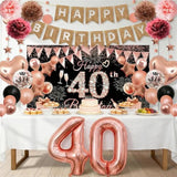 40Th Birthday Decorations For Women, Rose Gold Happy 40Th Birthday Decorations Banner Balloons Pompoms Backdrop Star Streamer, 40Th Birthday Party Supplies Set