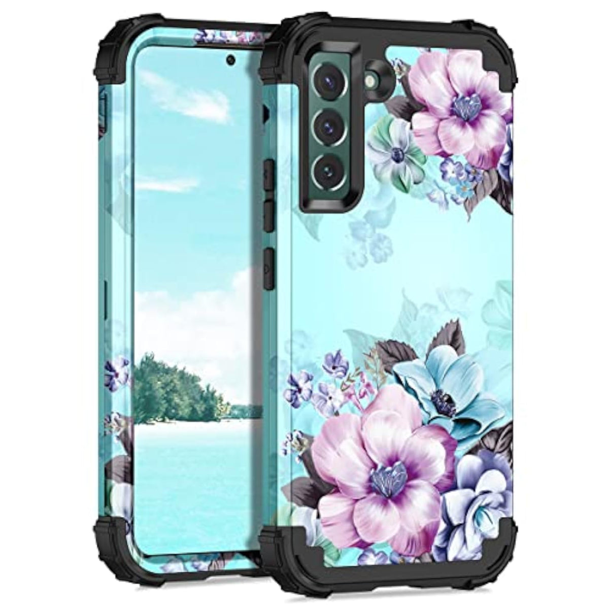 Heavy Duty Sturdy Shockproof Full Protection Rugged Hard PC+Soft TPU Bumper Case for Samsung Galaxy S22 5G 6.1 inch Blue Flower Design