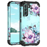 Heavy Duty Sturdy Shockproof Full Protection Rugged Hard PC+Soft TPU Bumper Case for Samsung Galaxy S22 5G 6.1 inch Blue Flower Design