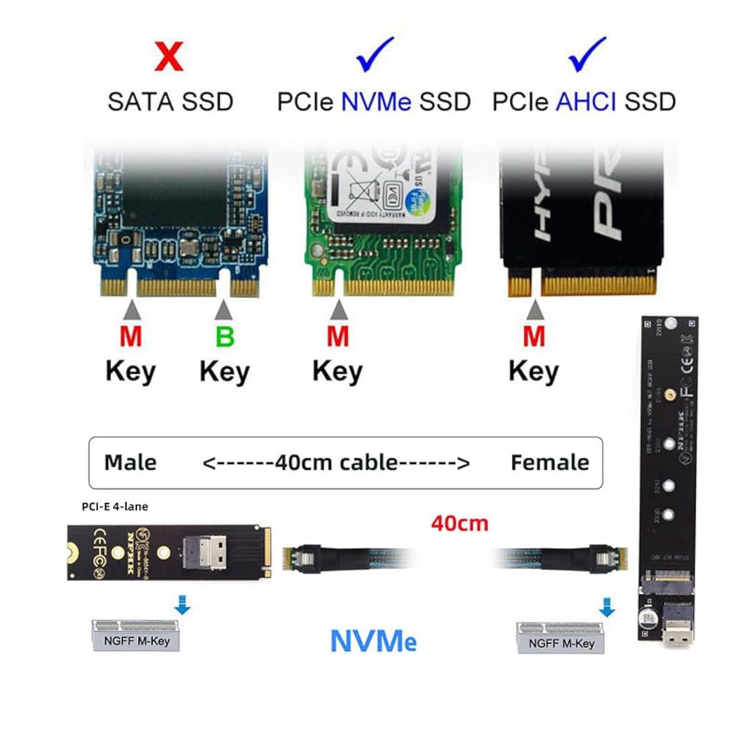 cablecc NGFF M-Key NVME Male to Female Extension Cable with SFF-8654 Connector