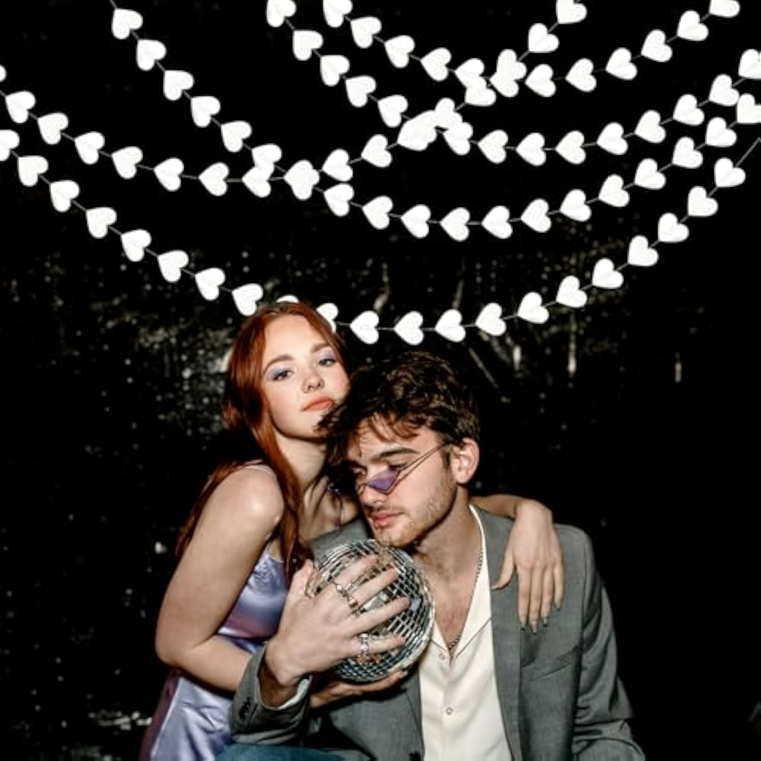 White -Silver Disco Party-Decoration Heart Garland - 52Ft Birthday New Years Eve Hanging Backdrop Streamers,Graduation Engagement Wedding Bachelorette Winter Christmas Banner Decor