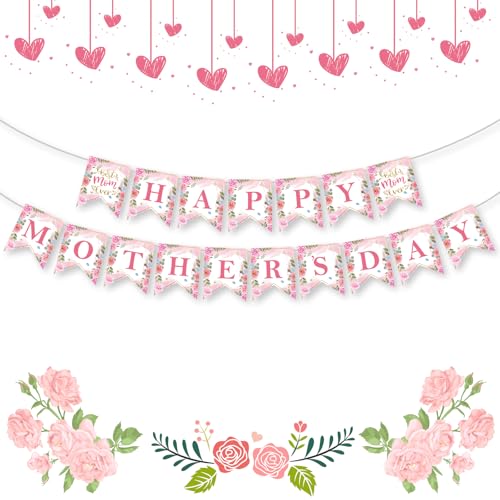 Happy Mothers Day Banner - Pink Mother's Day Decorations Banners, 2026 Best Mom Ever Sign Bunting Banner Garland for Mothers Days Home, Office, Fireplace, Wall Party Decor Supplies Favors Props