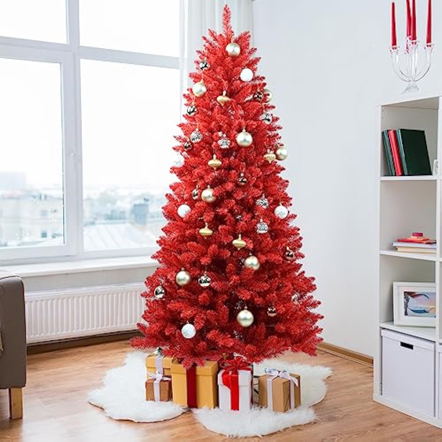 4Ft Artificial Red Christmas Tree Full Real Halloween Xmas Tree Premium Hinged Spruce Red Xmas Tree With 440 Branch Tips Easy To Assemble, Decoration For Indoor