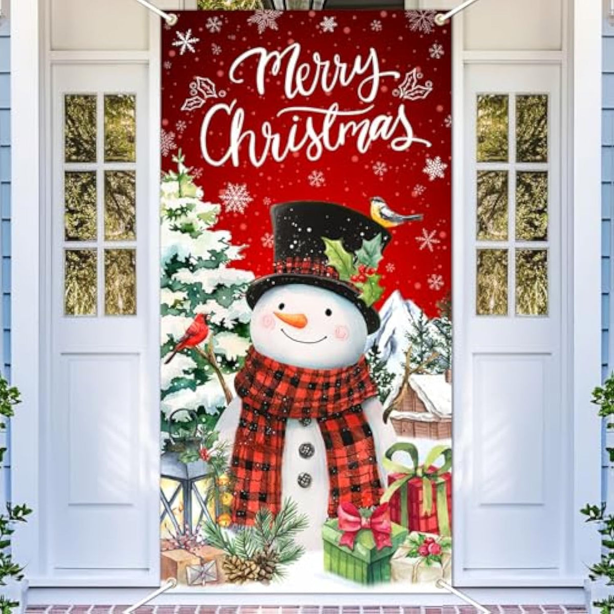 Christmas Door Cover Red Snowman Banner Merry Christmas Door Decorations Winter Snowman Xmas Party Supplies
