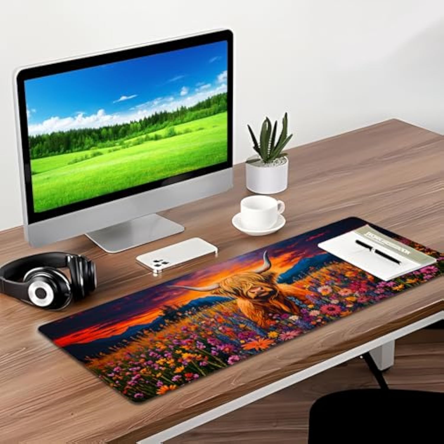 Flower Highland Cow Gaming Mouse Pad, Desk Mat, Non-Slip Rubber Base Cool Aesthetic Mousepads For Computer Laptop Keyboard Office School Home Desktop Accessories Decor 31.5" X 11.8"