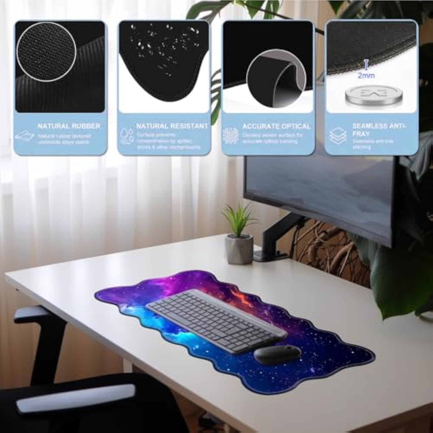 Large Wavy Shape Mouse Pad – Non-Slip Extended Gaming & Office Desk Mat, 31.5 X 11.8 In, Durable Waterproof Keyboard & Mouse Mat For Laptop, Desktop & Multi-Monitor Setup,Stunning Nebula Space