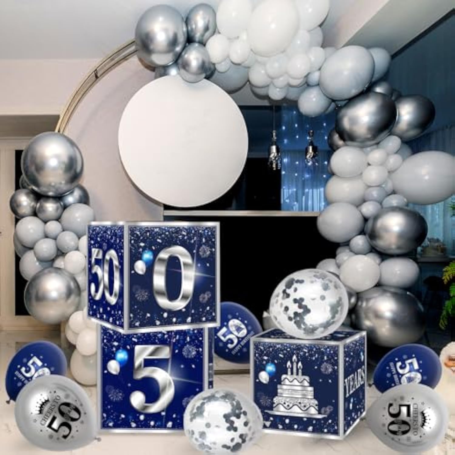 3Pcs 50Th Birthday Decorations Boxes For Men Blue Silver 50Th Happy Birthday Balloons Boxes Party Supplies 50 Year Old Birthday Theme Cardboard Box Decor.