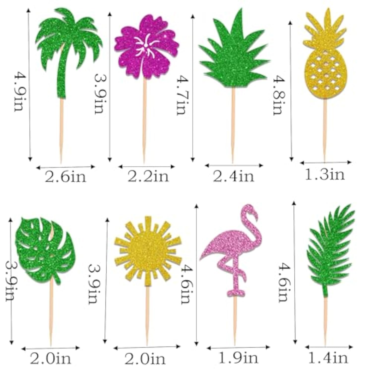 40Pcs Tropical Cupcake Toppers Glitter Leaf Pineapple Flower Palm Tree Flamingo Cupcake Picks Aloha Cake Decorations For Summer Hawaiian Aloha Baby Shower Birthday Wedding Party Cake Supplies