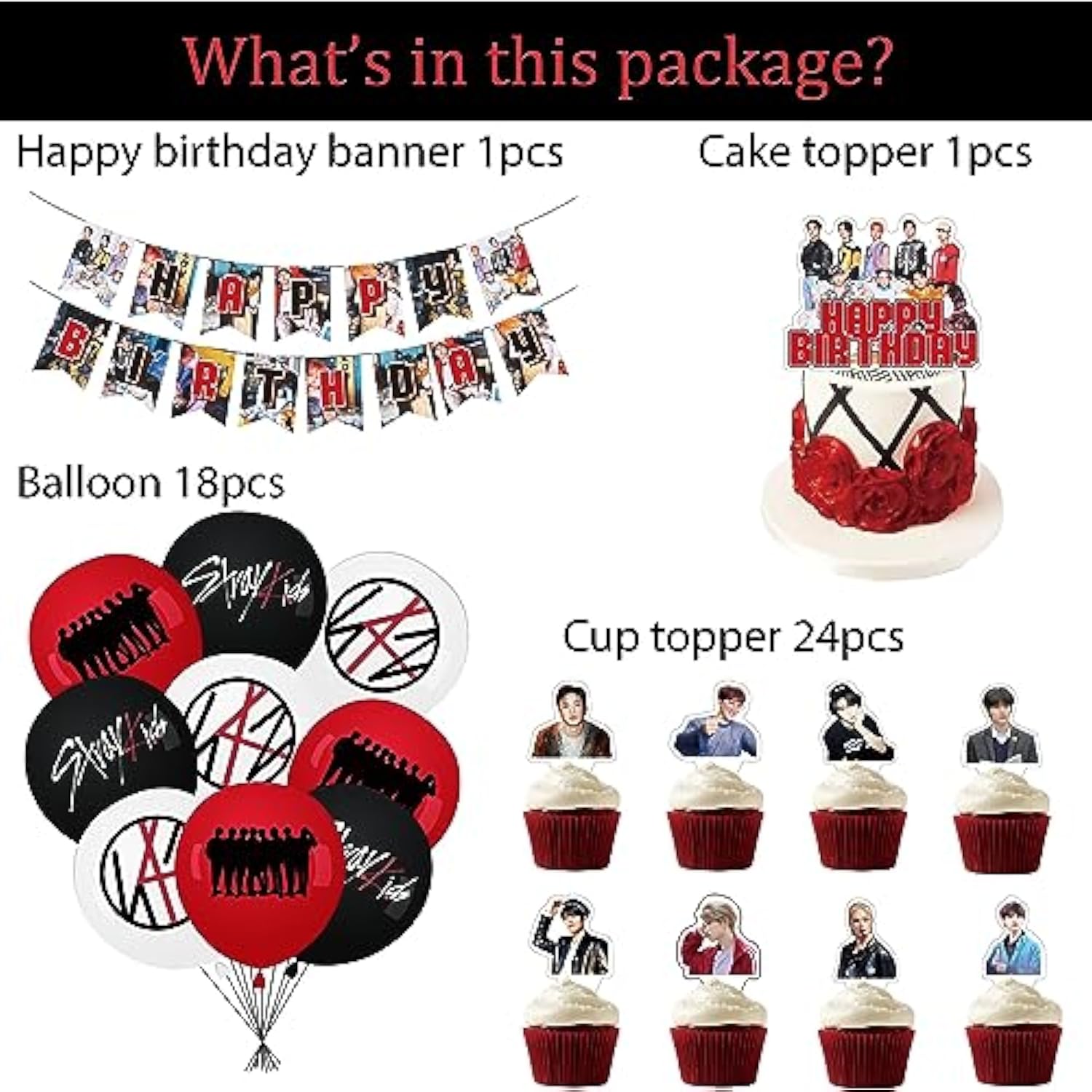Stray Kids Merch 5 Star Party Decorations Include Happy Birthday Banners, Cake Toppers, Cupcake Toppers, Balloons