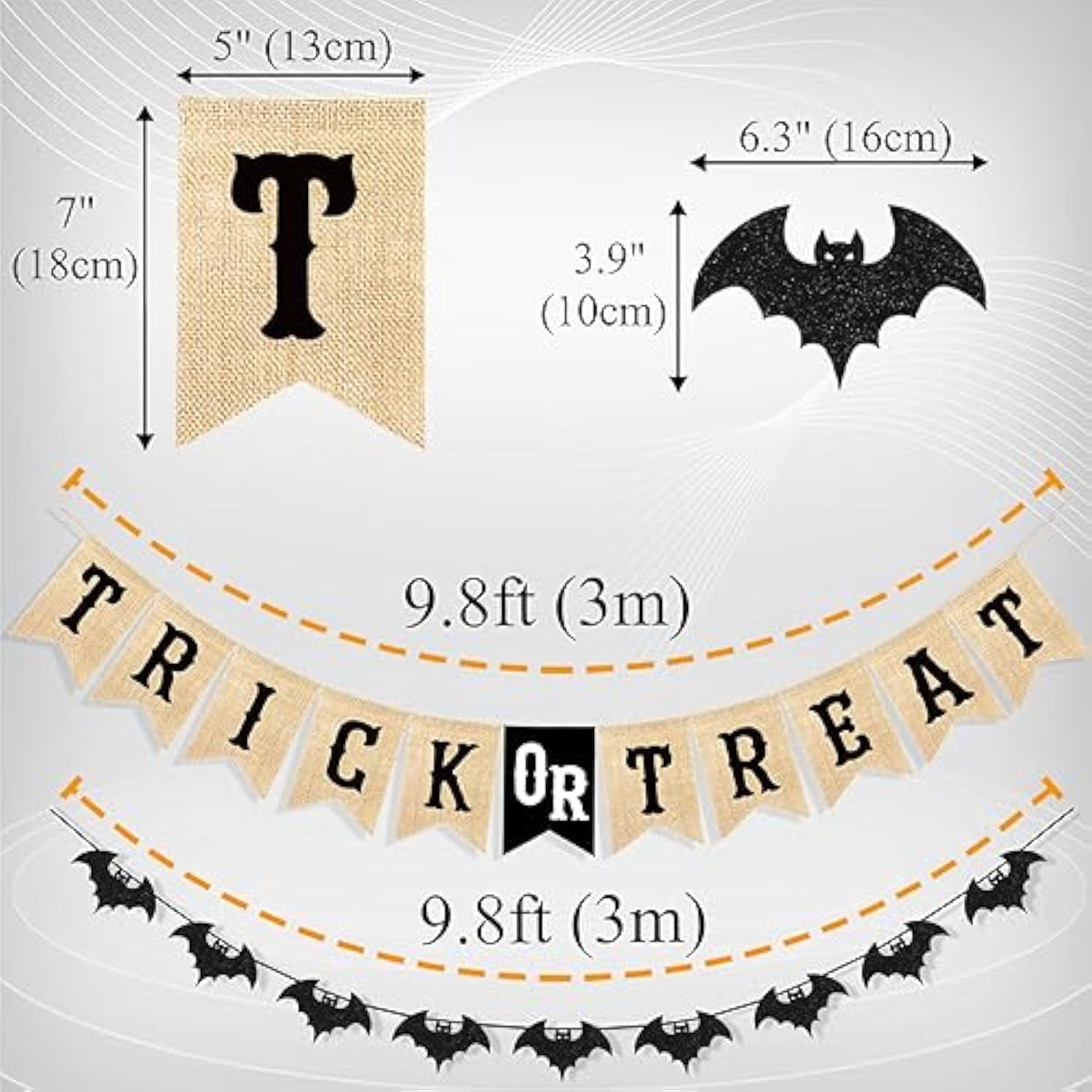 Unwish Trick or Treat Burlap Banner - Glitter Bat Garland for Halloween Mantel & Wall Decor