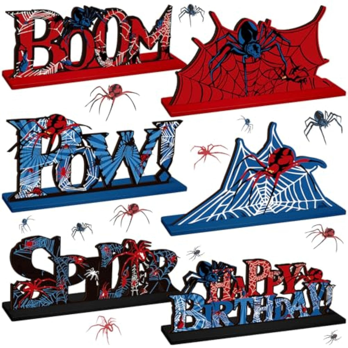 6 Pcs Spider Birthday Party Decorations Spider Wooden Table Decorations Happy Birthday Table Centerpiece Sign For Boy
