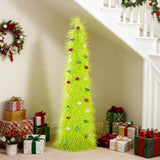 Christmas Tree 5Ft Artificial With Light And Balls Ornaments Hairy Pop Up Pencil Tinsel Collapsible Stand For Xmas Holiday Party Decorations, Home Office Display Decor, Fruit Green