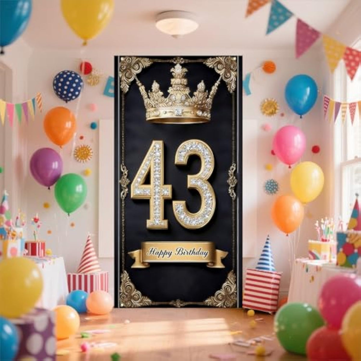 Happy 43St Birthday, Boys And Girls. Golden Black Crown Flag Background Decoration, Poster Background Photo, Booth Prop Decoration, Used For Birthday Parties, Wedding Anniversaries