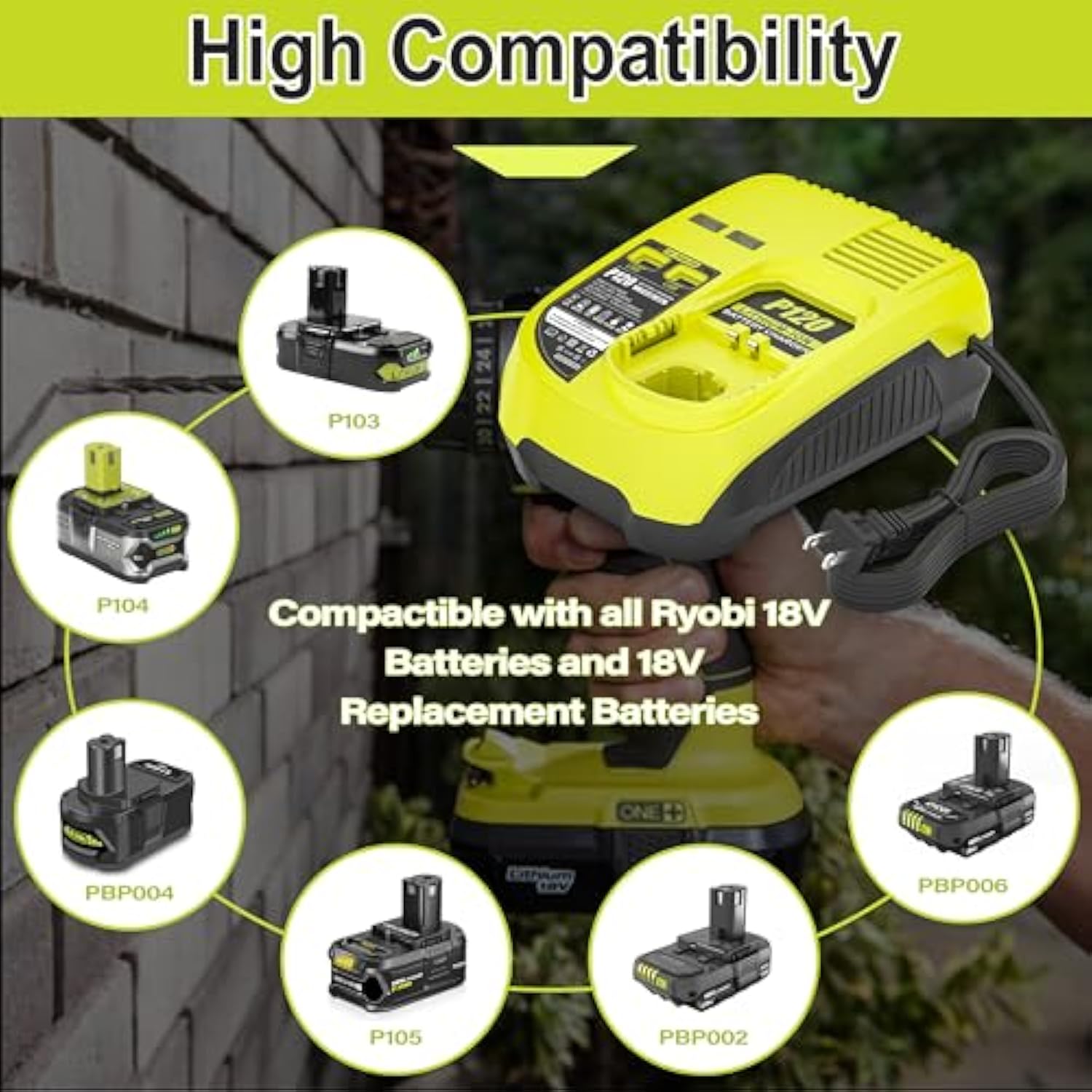Upgrade P117 Rapid Charger Replacement For Ryobi One+ P117 P118 P119 P135 18V Charger,Compatible With P102 P104 P105 P106 P107 P108 P109 Pbp002 Pbp005 Pbp006 Battery