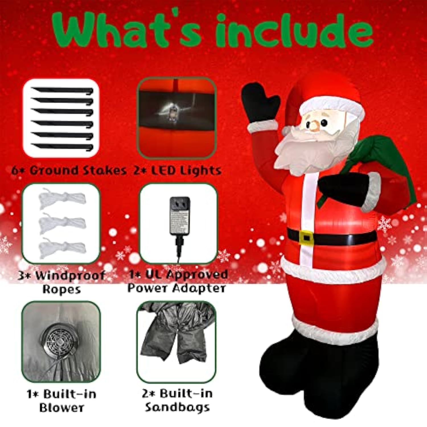 Inflatable Christmas Yard Decorations 8Ft Santa Claus With Gift Bag Blow Up Outdoor Decoration With Built-In Led Light F