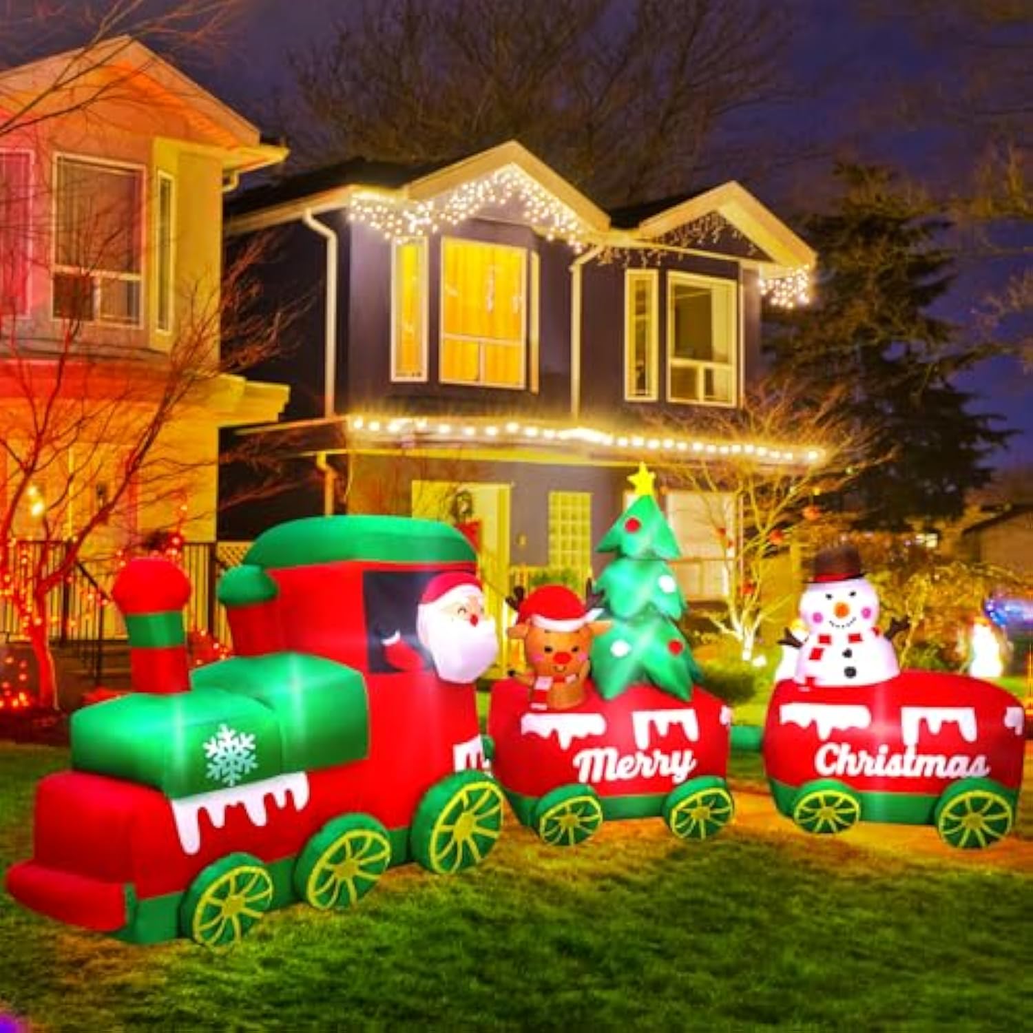 10.7 Ft Christmas Inflatables Train With Santa Claus Reindeer Snowman Christmas Tress Built-In Led Lights Blow Up Christ
