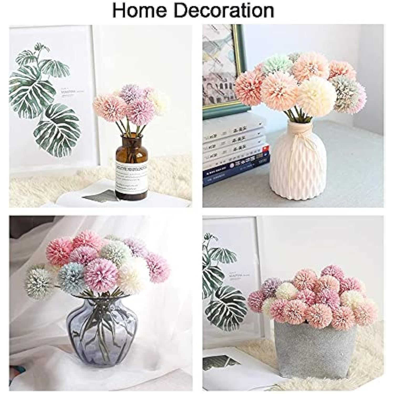Artificial Flowers, 12Pcs Fake Flowers Silk Artificial Chrysanthemum Ball Hydrangea Bridal Wedding Bouquet For Home Garden Party Wedding Decor (Grey, 12 Pcs)