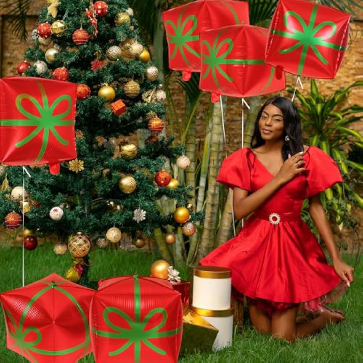 6 Pcs Red Green Present Box Balloons for Christmas, New Year, and Birthday Parties