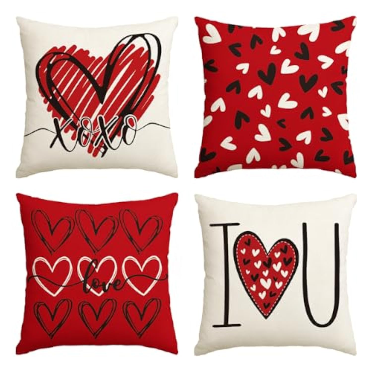 I Love U Xoxo Valentine Hearts Throw Pillow Covers, 20 X 20 Inch Love Wedding Cushion Case Decoration For Sofa Couch Set Of 4