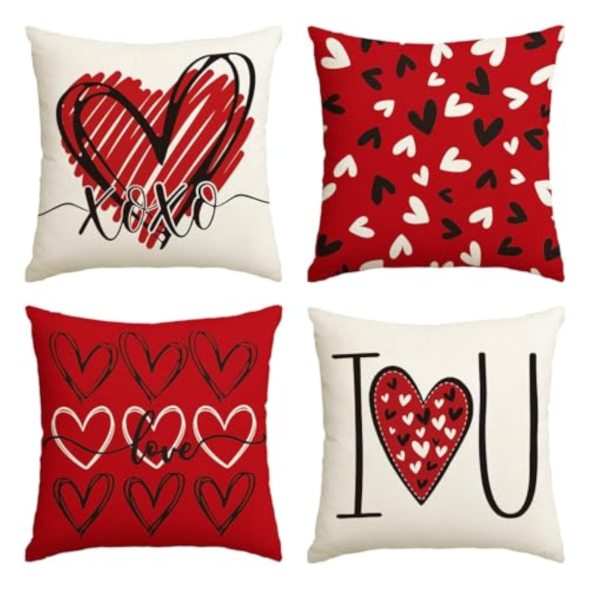 I Love U Xoxo Valentine Hearts Throw Pillow Covers, 20 X 20 Inch Love Wedding Cushion Case Decoration For Sofa Couch Set Of 4