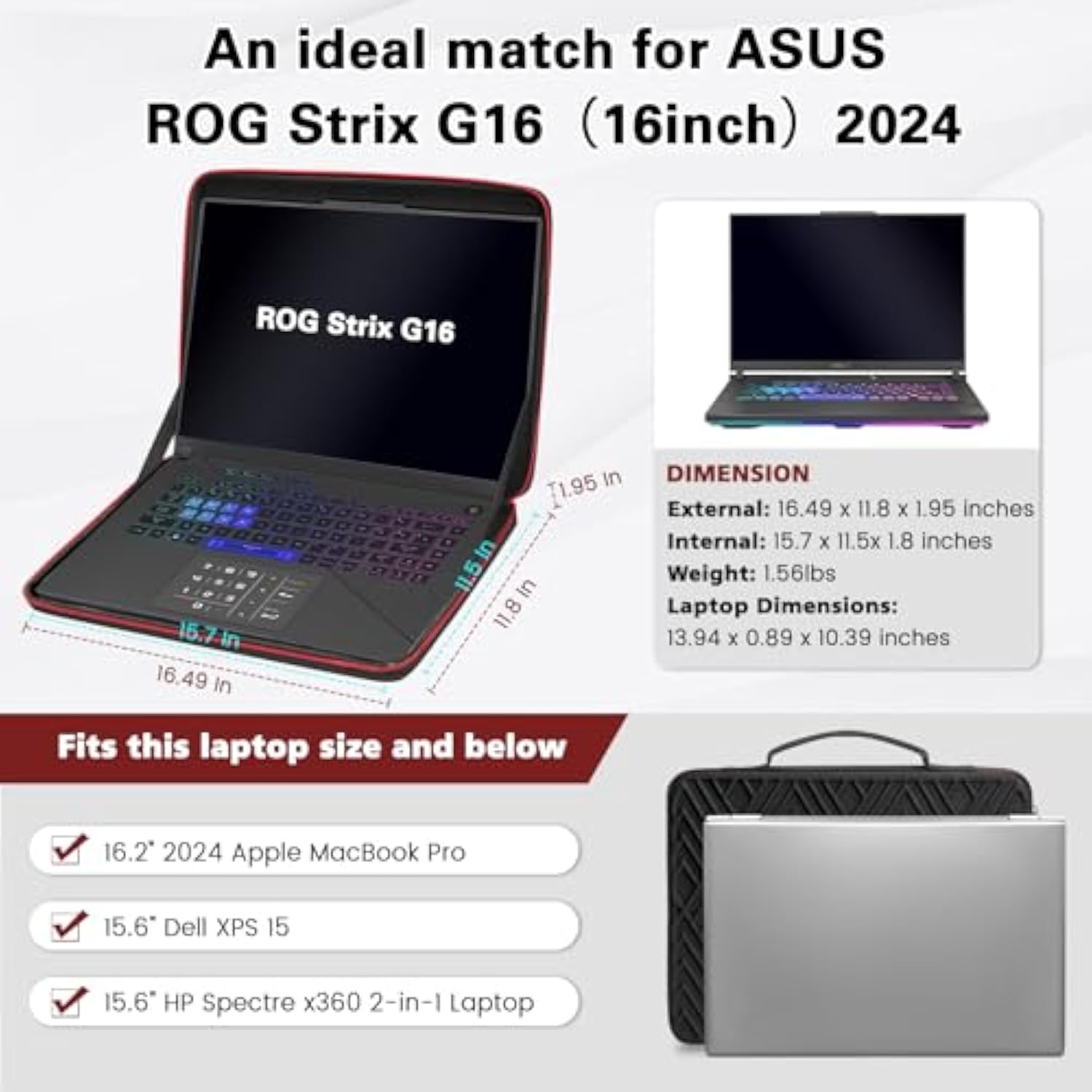 Hard 16 Inch Laptop Case Compatible For Asus Rog Strix G16 2024/2023, Zephyrus G15, Rog Strix Scar 16, Lenovo Legion Pro 5I Hard Shell Laptop Hard Case Eva Shockproof Water Resistant, Black