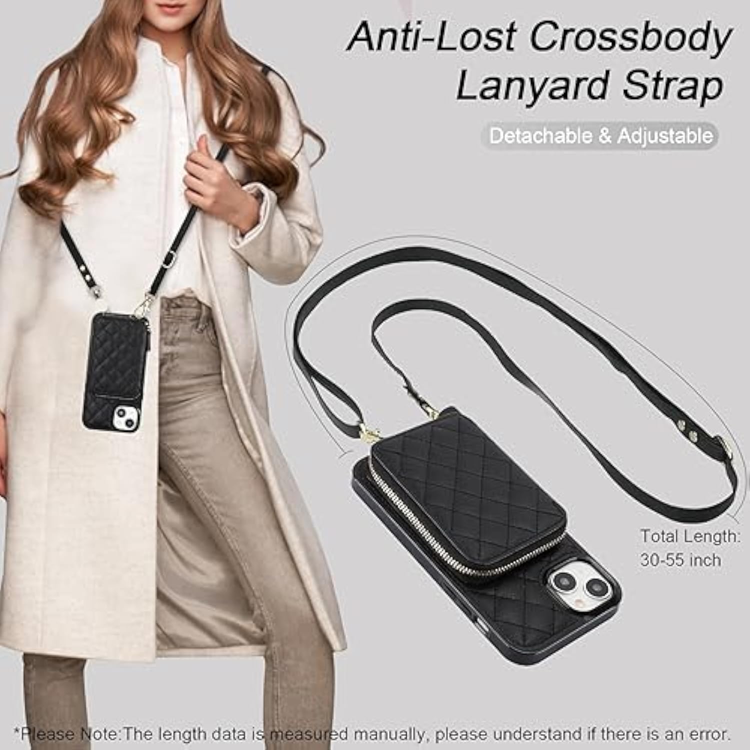 Crossbody Wallet Case For Iphone 15 Plus, Rfid Blocking Pu Leather Zipper Handbag Purse Flip Cover, Kickstand Folio Case With Card Slots Holder Wrist Strap Lanyard 5G 6.7 Inch (Black)