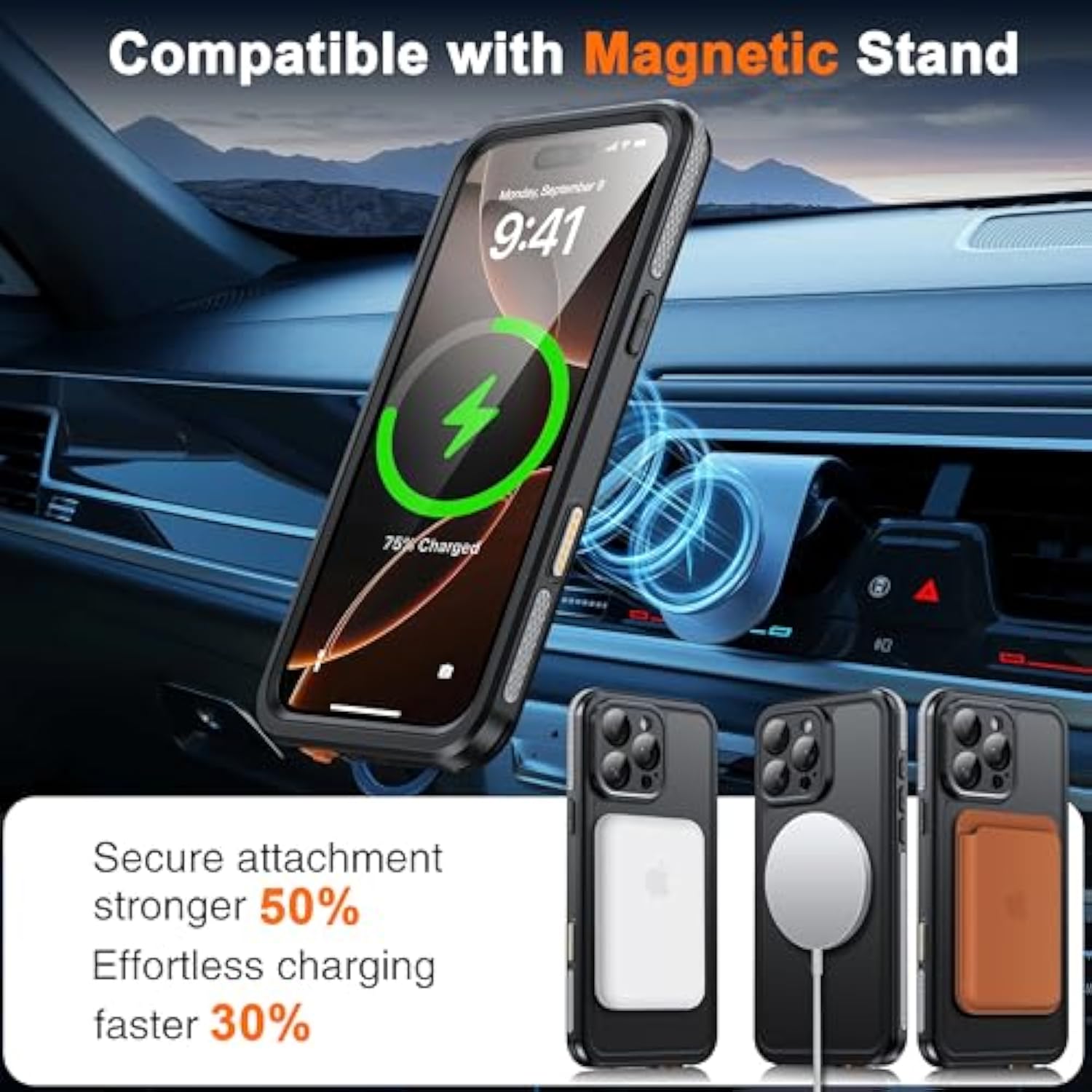 Magnetic Waterproof For Iphone 16 Pro Max Case With [Built-In Screen Protector][Invisible Stand][Fit For Magsafe][360º Full Body Sealed] Rugged Ip68 Underwater Case For Iphone 16 Pro Max-Black