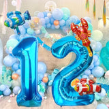 40 Inch Under The Sea Blue Number 1 Balloon, Mini Sea Animal Balloons Ocean Animal Foil Balloon, Fish Crawfish Balloons For Boys Girls Ocean Theme 1St Birthday Baby Shower Party Decoration
