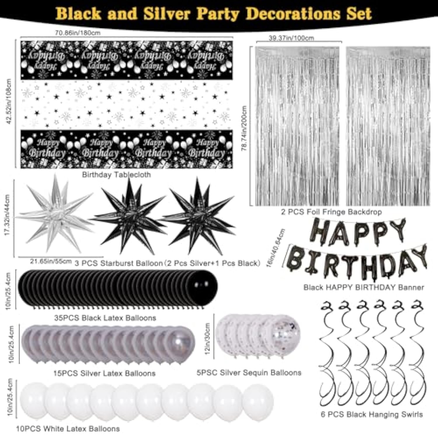 Black Silver Birthday Party Decorations For Men Women, Party Decorations Kit With Black Happy Birthday Banner, Star Balloon, Silver Fringe Curtain, Hanging Swirls For Diy Theme Bday Party