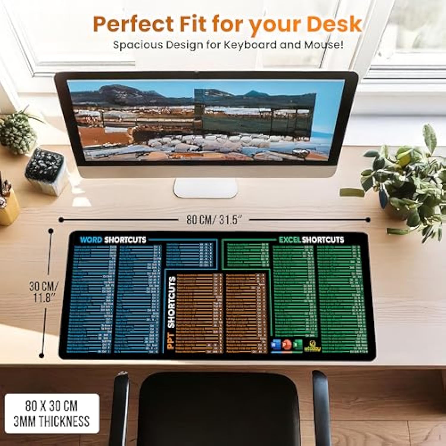 Word/Ppt/Excel Shortcuts Mouse Pad - Extended Xl Office Keyboard Mat, Excel Mouse Pad Shortcuts, Stitched Edges | Non-Slip Base Excel Cheat Sheet Desk Pad (31.5X11.8) Inch