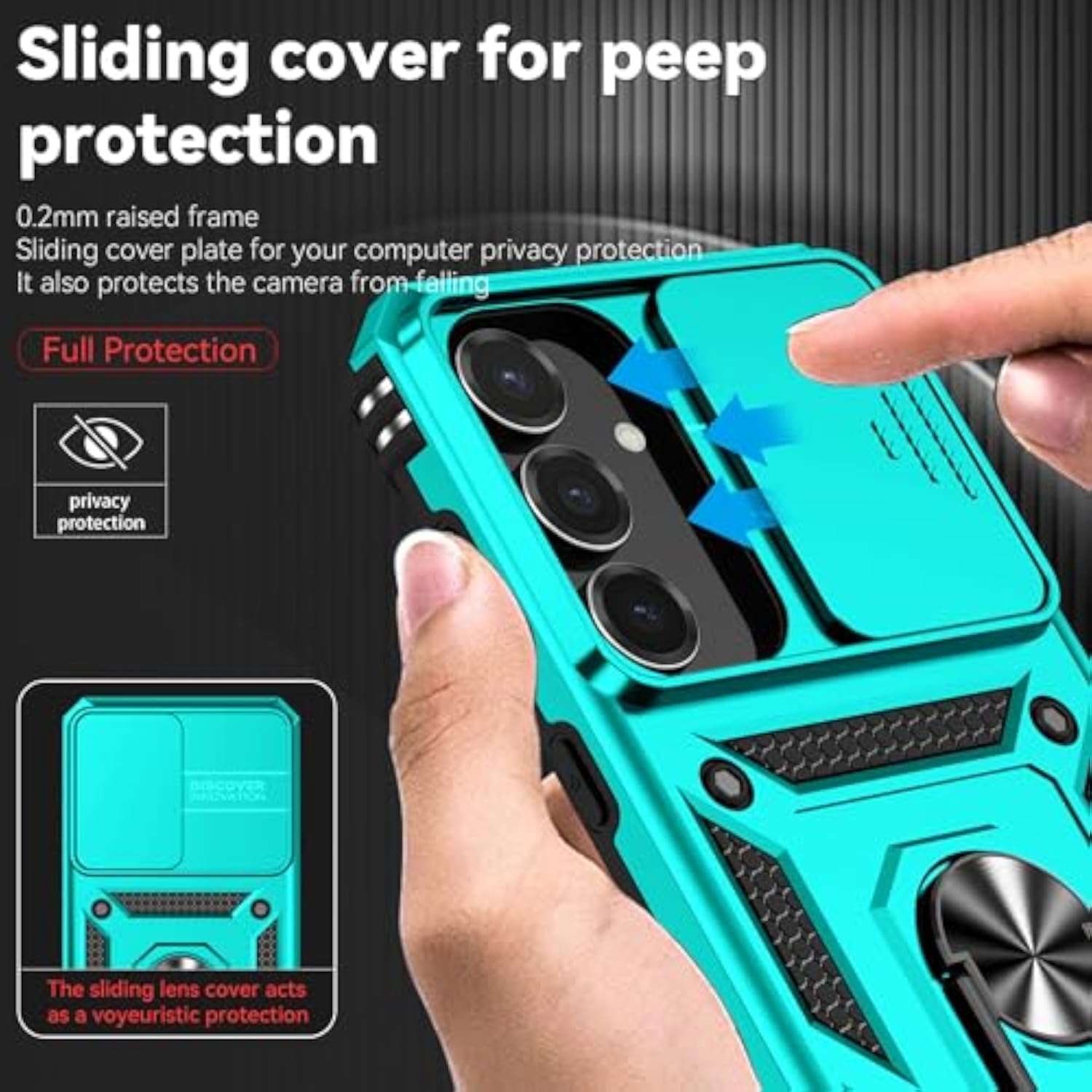 Samsung Galaxy S25 FE Heavy Duty Shockproof Full Body Protective Phone Case with Built-in Slide Camera Lens Cover, Finger Ring Holder Kickstand, and HD Screen Protector, Teal Color