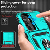 Samsung Galaxy S25 FE Heavy Duty Shockproof Full Body Protective Phone Case with Built-in Slide Camera Lens Cover, Finger Ring Holder Kickstand, and HD Screen Protector, Teal Color