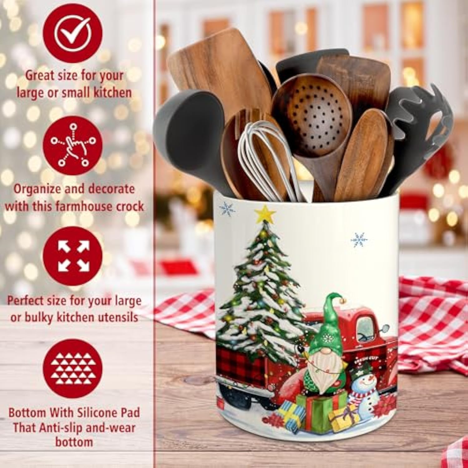 Christmas Kitchen Decor Ceramic Utensil Holder, Cute Christmas Gnome Truck Utensils Holder, Xmas Ceramic Utensils Crock For Rustic Farmhouse Indoor Kitchen Decorations(6.3 Inches)