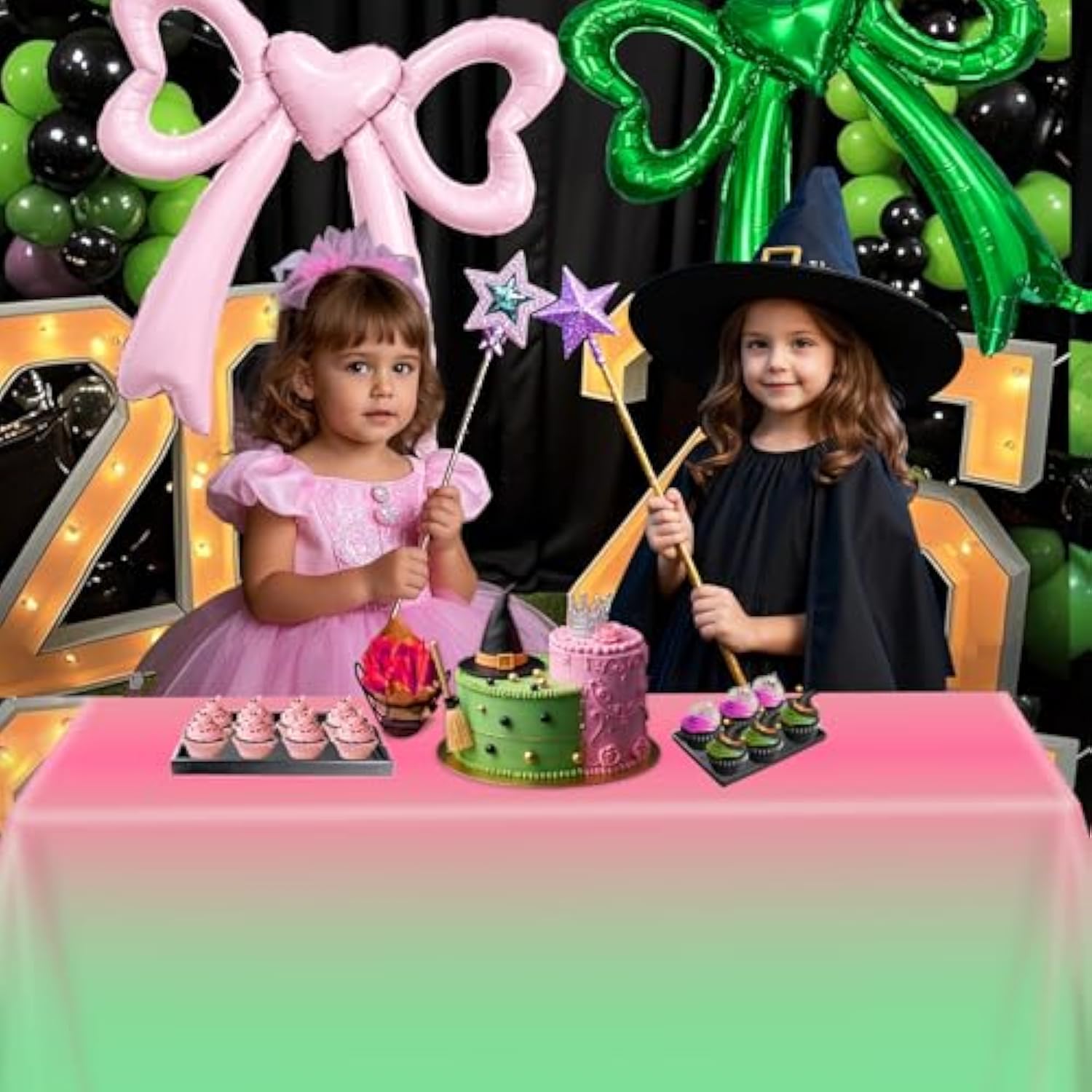 1 Pack Witch Birthday Party Decorations Tablecloth, Pink And Green Disposable Rectangle Plastic Table Decors Cloth For Kids Baby Shower Wedding Party Supplies, 54 X 108Inch