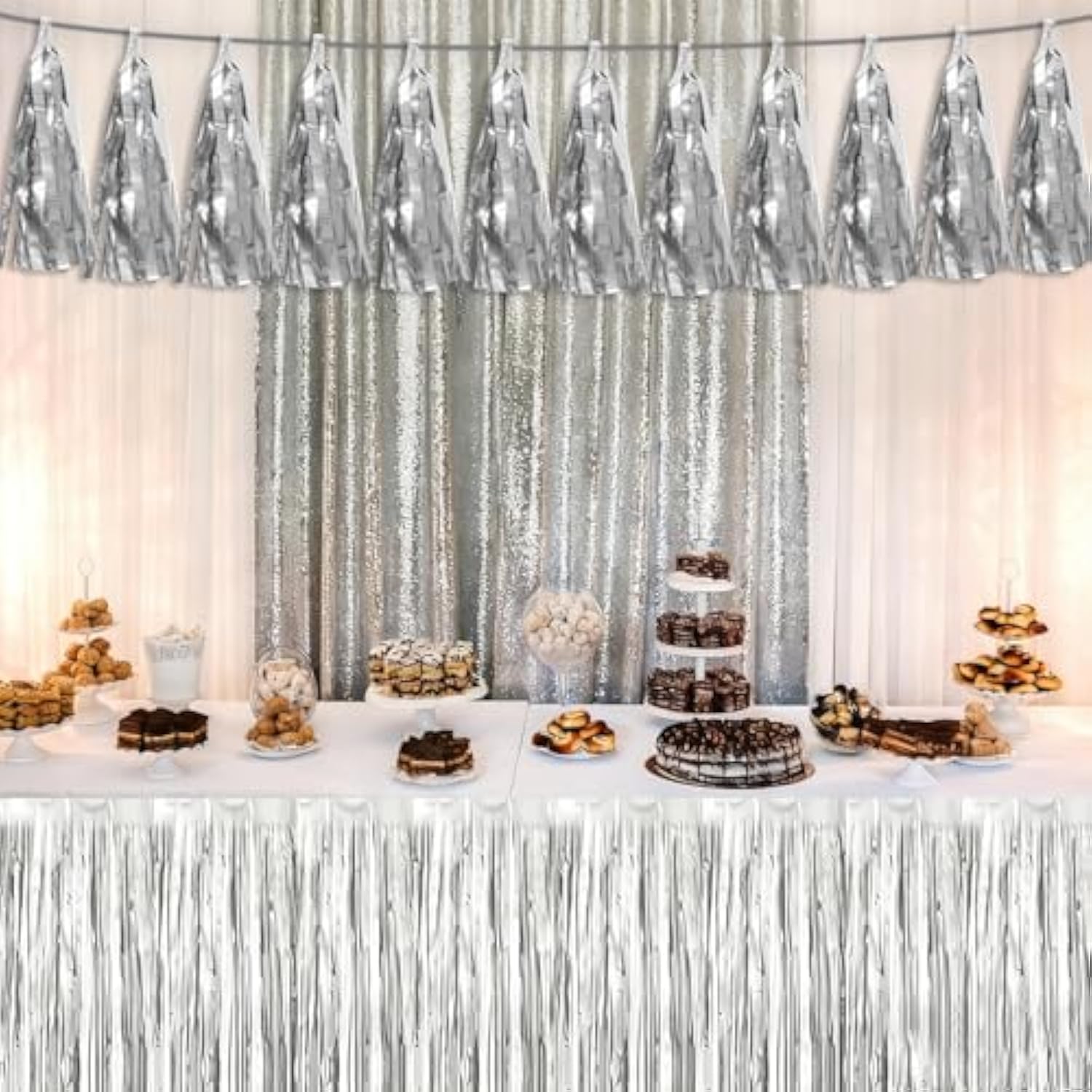 3P Silver Tassel Banner Garland Metallic Foil Fringe Banner Tinsel Tassels Streamer Banner Backdrop For Parade Floats, 2025 Graduation Decorations, Christmas, Wedding Party Decoration