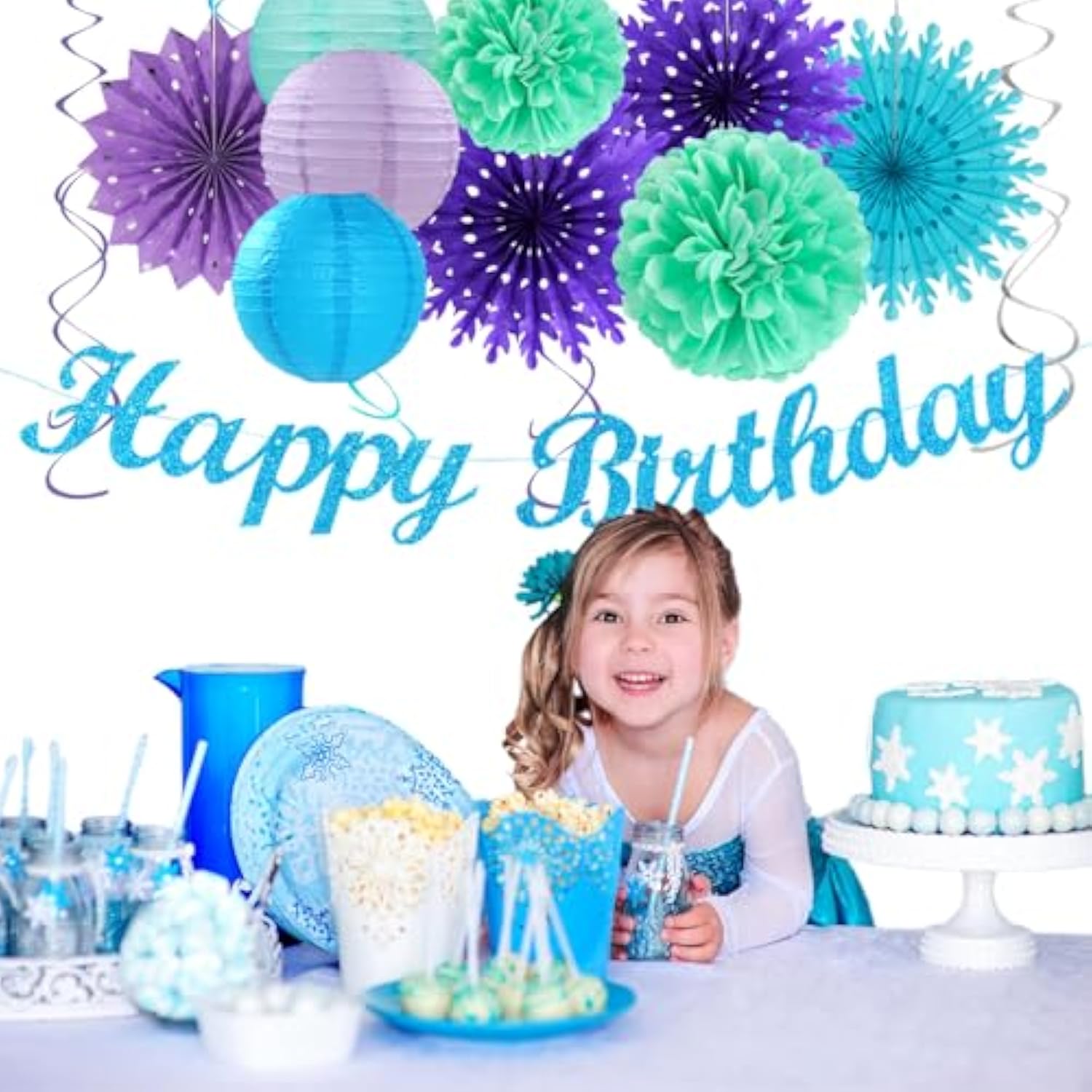 Winter-Wonderland Christmas-Snowflake Frozen Birthday Party-Decorations - 21Pcs Happy Banner,Blue Purple Teal Paper Lanterns Honeycomb Streamers,Tissue Pom Poms Flower Fan,Hanging Decor