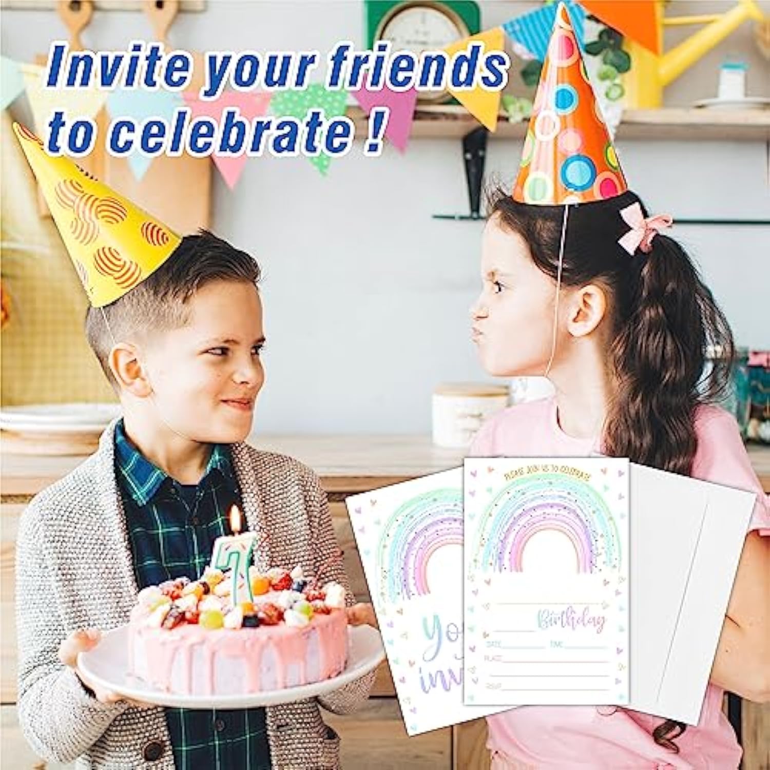 Rainbow Birthday Party Invitations, Pastel Invite Cards (20-Pack) With Envelopes, Birthday Party Supplies Decorations(4"X6")-C01